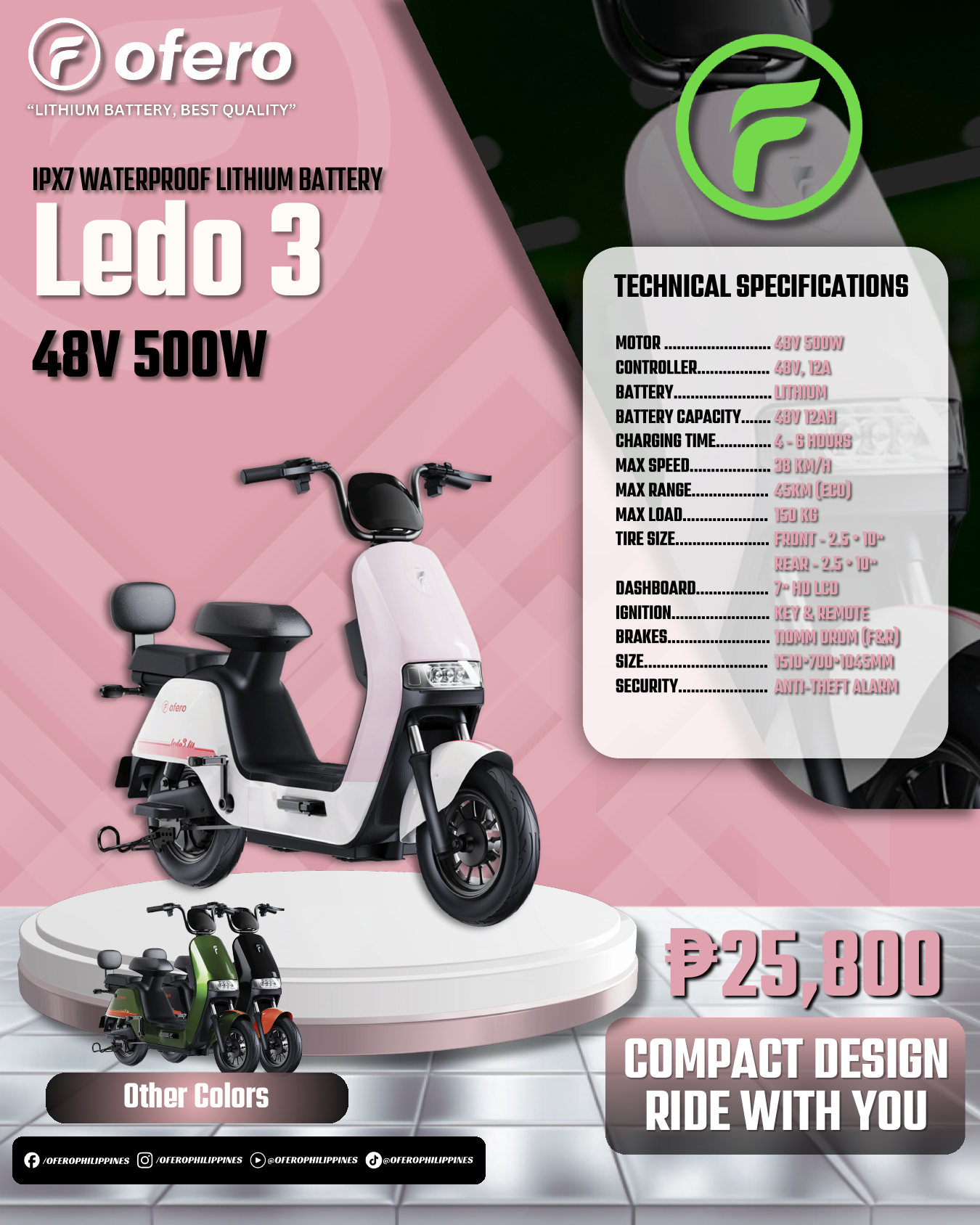 Ofero Ledo 3 Philippines electric scooters sales flyer with price, specs, battery and range details