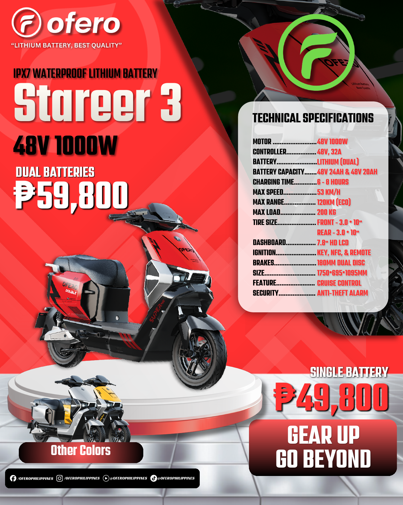 Ofero Stareer 3 Philippines electric motorcycles sales flyer with price, specs, battery and range details