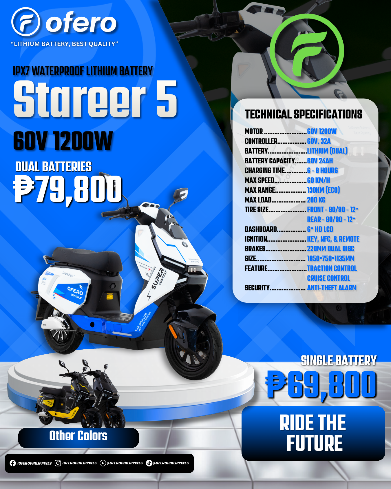 Ofero Stareer 5 Philippines electric motorcycles sales flyer with price, specs, battery and range details