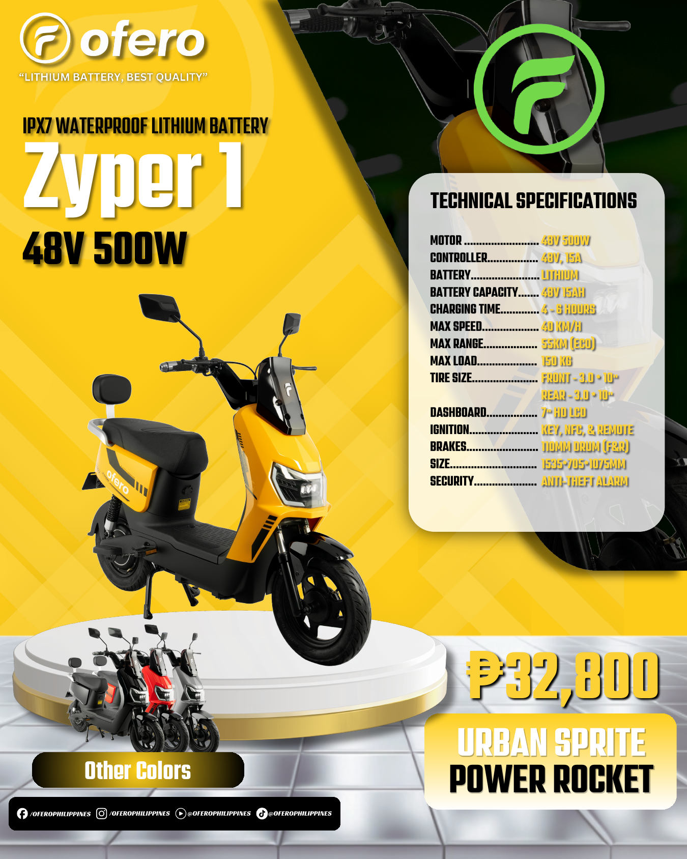 Ofero Zyper 1 Philippines electric scooters sales flyer with price, specs, battery and range details