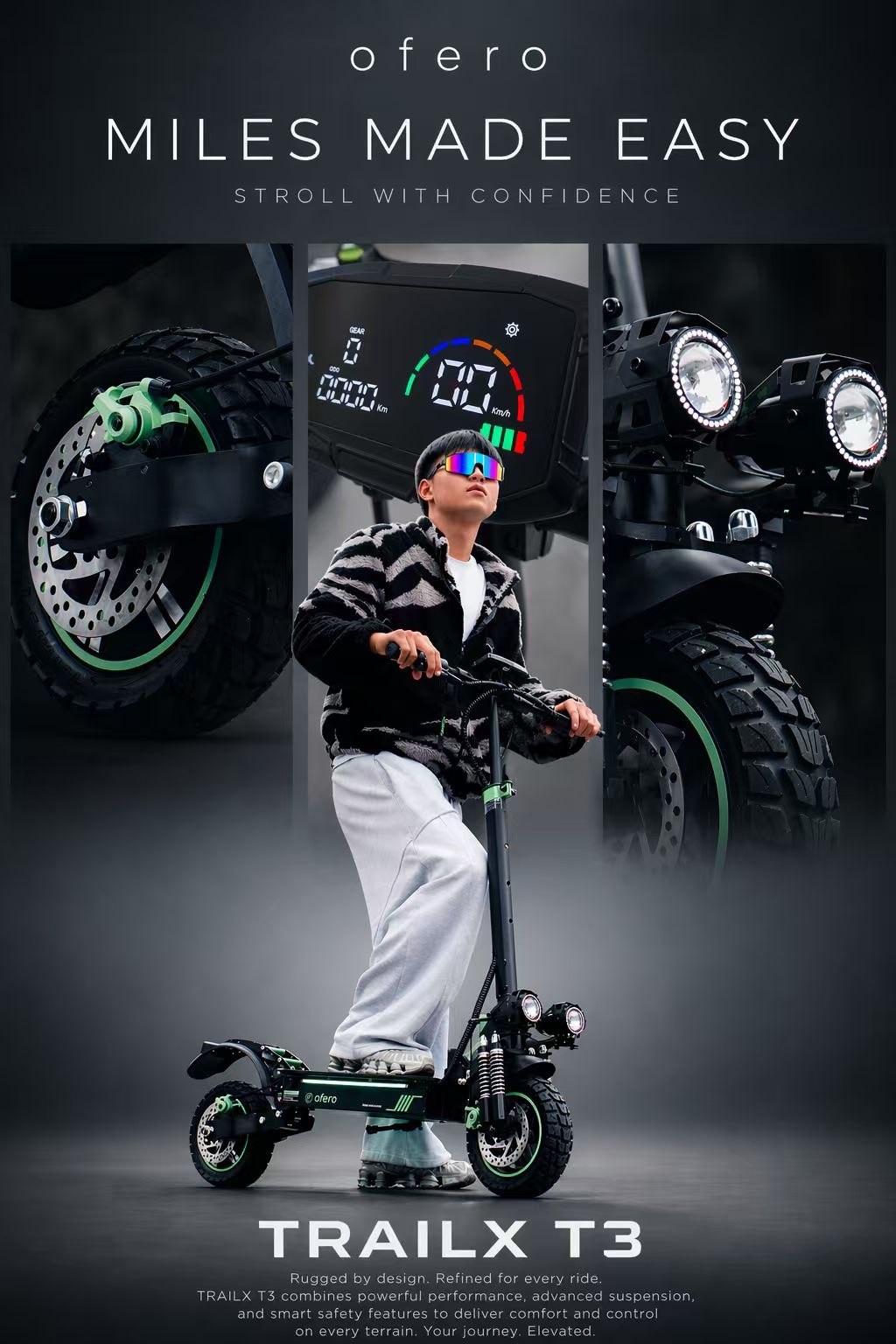 Ofero TrailX T3 miles made easy official poster showing rugged standing electric scooter